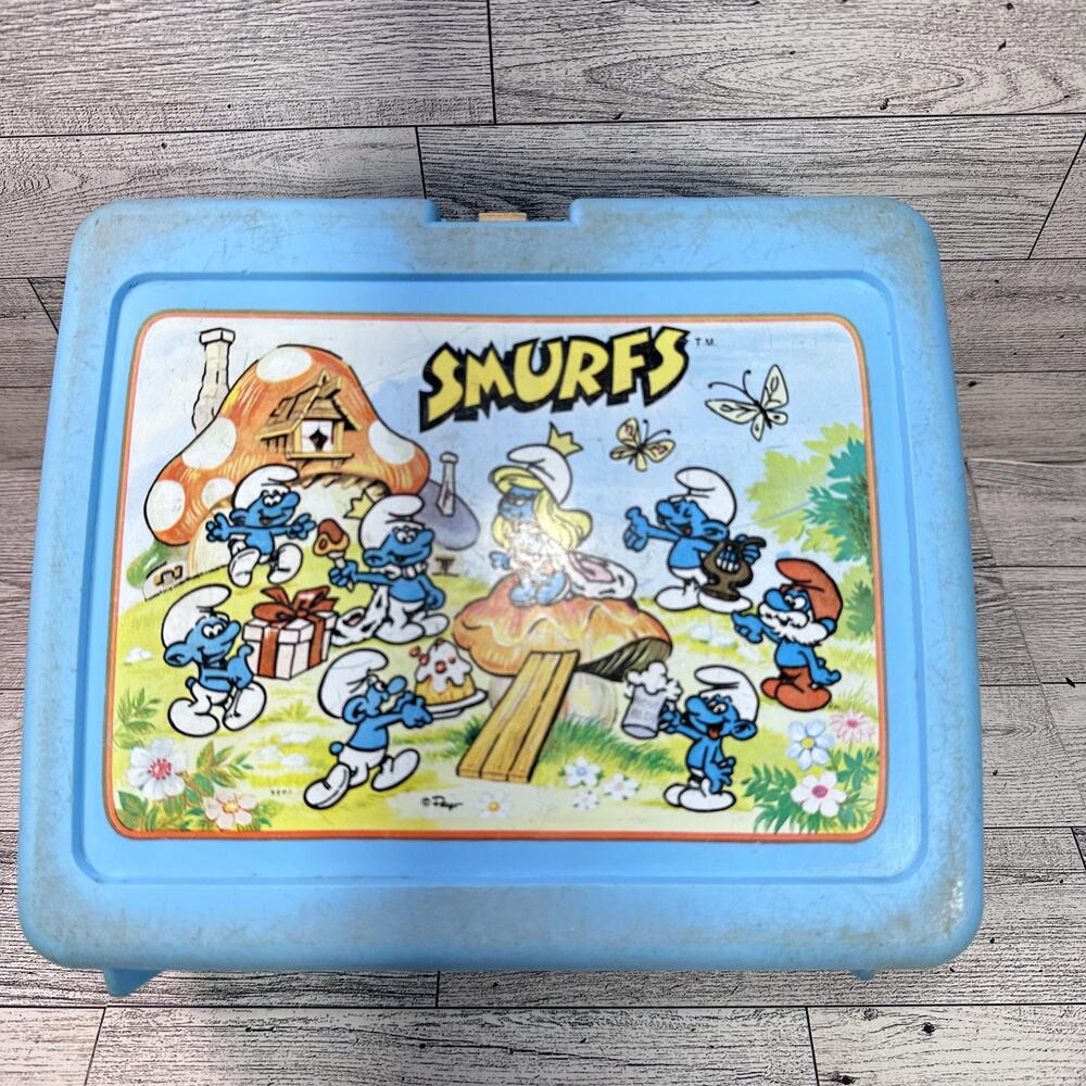 Thermos Smurfs Blue Lunch Box Kids Plastic Handle Vintage Made In USA Comic